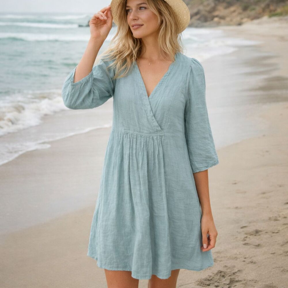 Sundance La Belle Lune Linen Dress Seaglass Blue Boho Empire Waist S